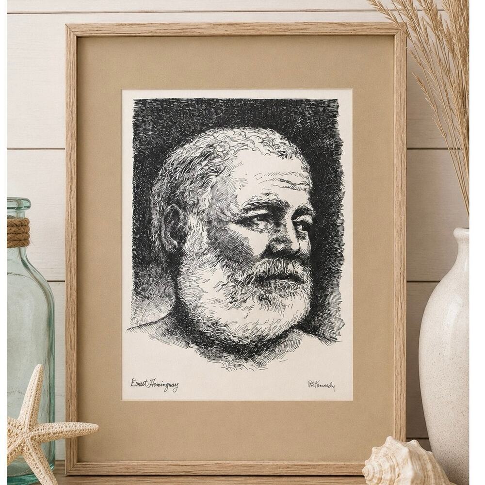 R.E. Kennedy Ernest Hemingway Pen Drawing Vintage Portrait Art Print Matted New